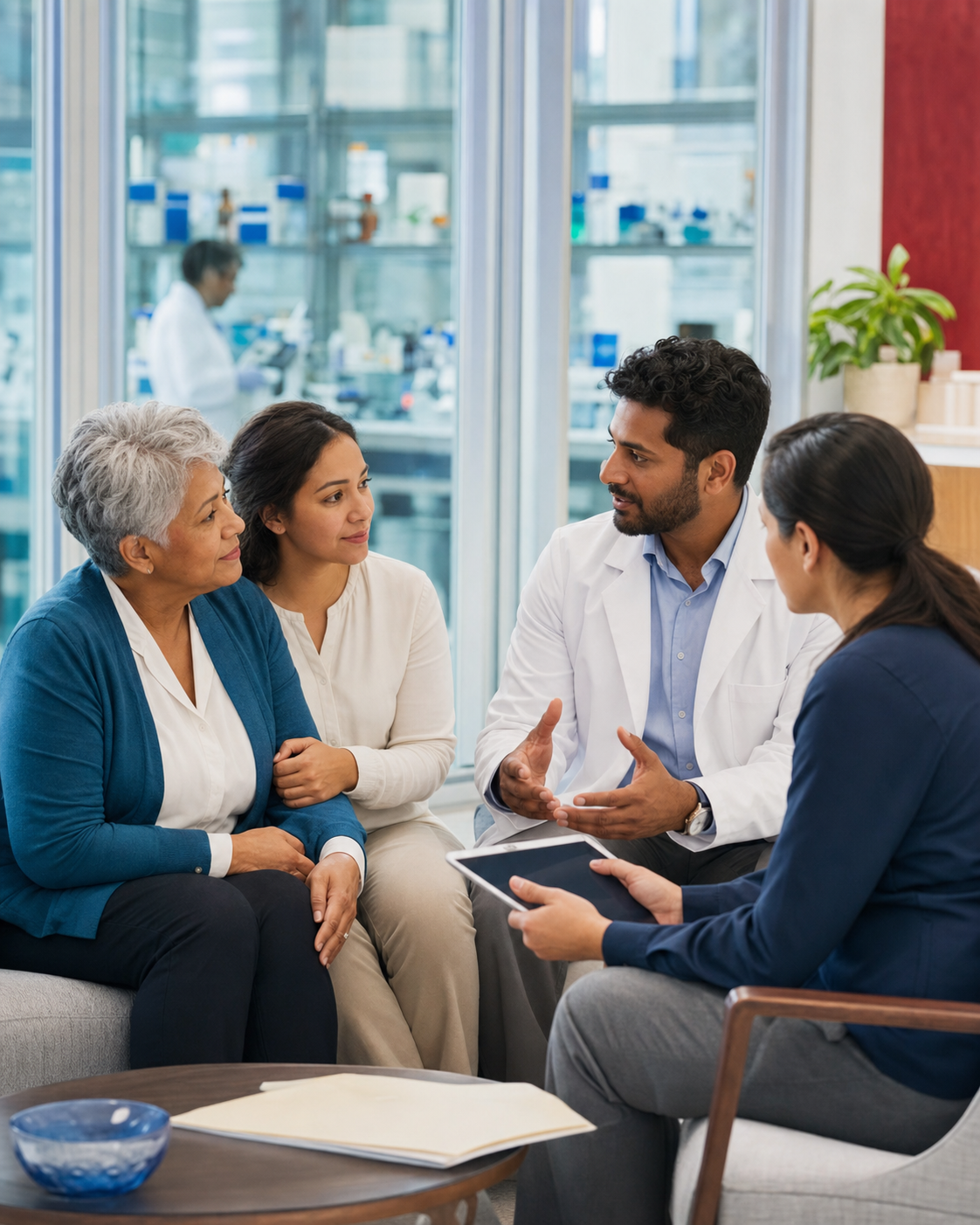 Patient and caregiver speaking with a physician-scientist and research coordinator