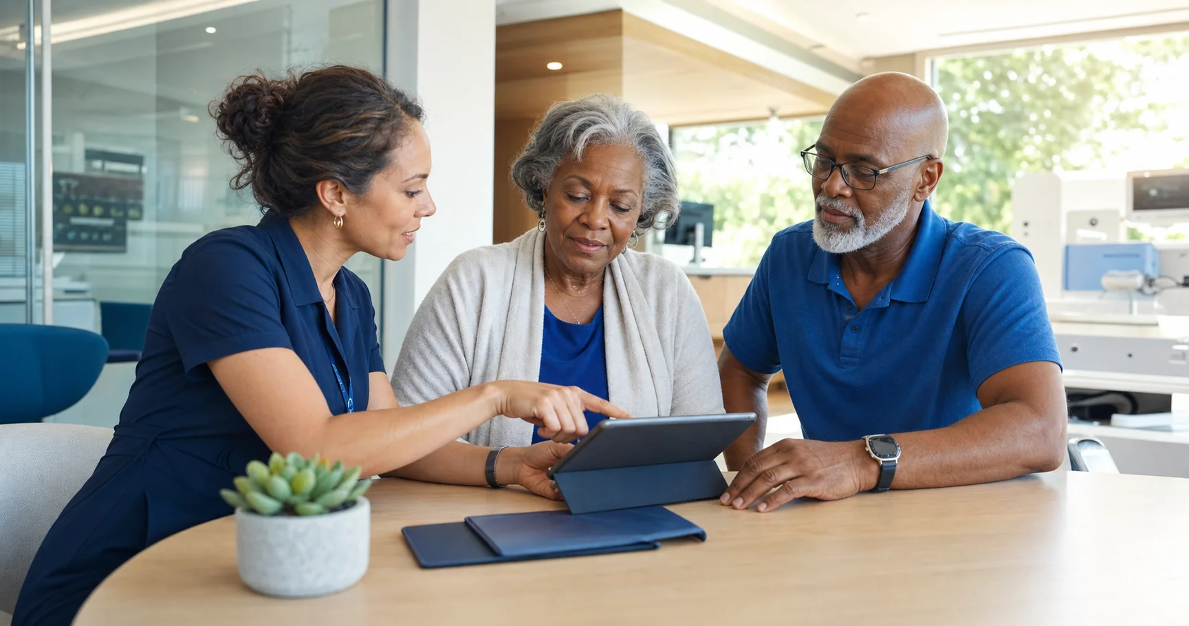 Research coordinator guiding a participant and caregiver through a clinical study visit