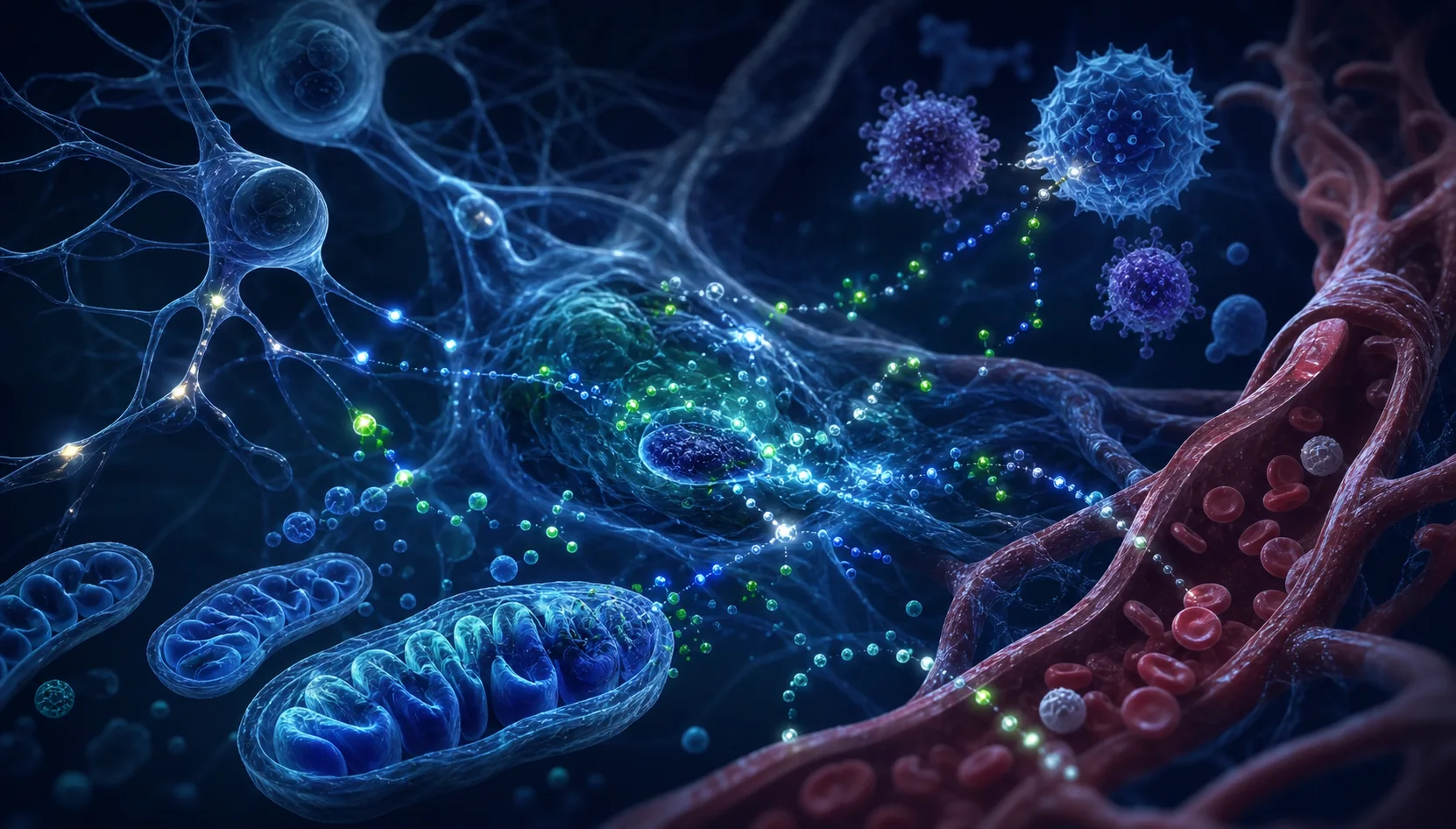 Scientific visualization connecting neurons, inflammatory signaling, cellular energy and vascular biology
