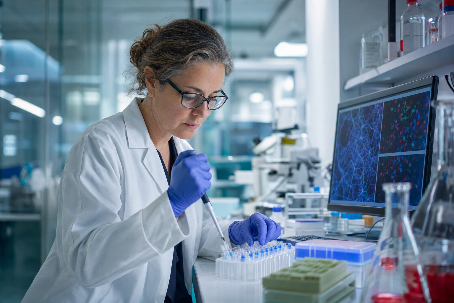 Scientist examining translational neuroscience evidence in a biotechnology laboratory